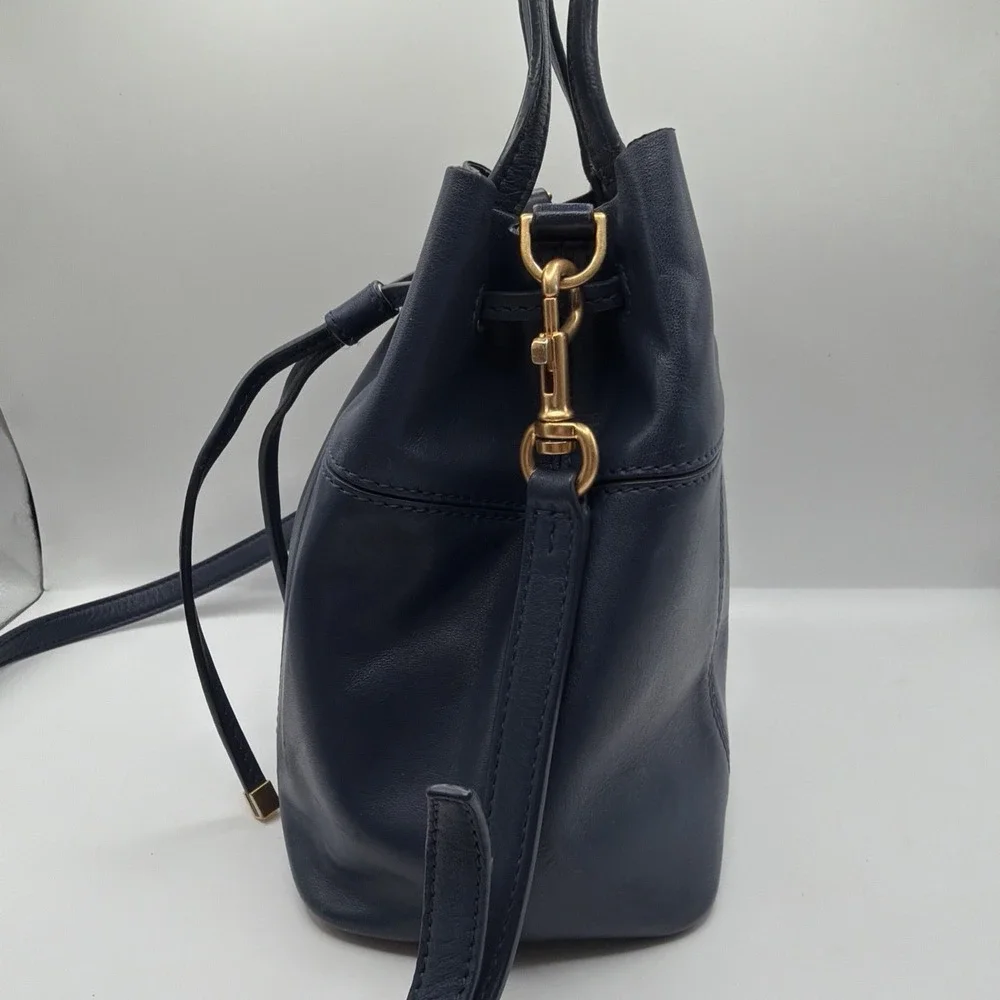 Tory Burch Block T Small Navy Blue Leather Bucket Bag Drawstring Closure